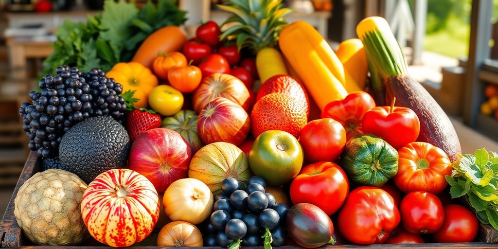 Vibrant seasonal produce arranged in a wooden crate.