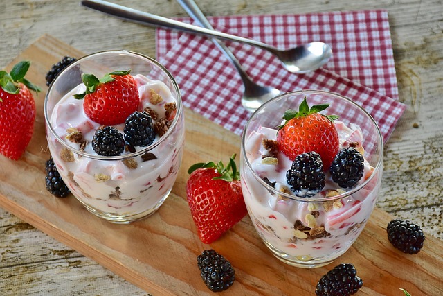 fresh fruit and yoghurt in glass